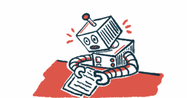 A robot sits at a desk and looks over papers.