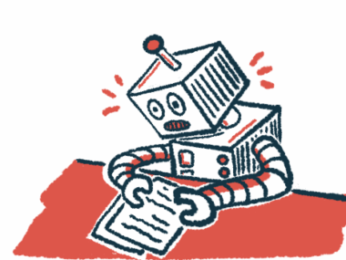 A robot sits at a desk and looks over papers.