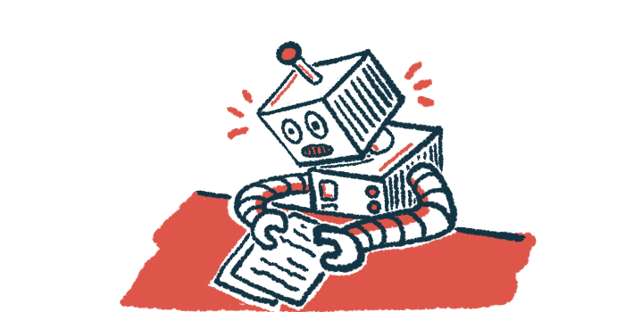 A robot sits at a desk and looks over papers.
