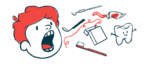 This illustration of oral health shows a person's head with their mouth wide open next to a toothbrush, a container of dental floss, and some dental tools.