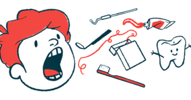 This illustration of oral health shows a person's head with their mouth wide open next to a toothbrush, a container of dental floss, and some dental tools.