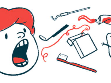 This illustration of oral health shows a person's head with their mouth wide open next to a toothbrush, a container of dental floss, and some dental tools.