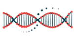 A close-up view of a DNA strand highlights its ladder-like structure.