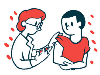 A clinician gives a patient a shot into the upper arm.