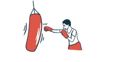 Illustration of a person boxing and hitting a punching bag, representing sports activity.