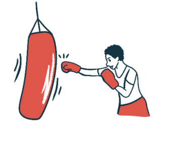 Illustration of a person boxing and hitting a punching bag, representing sports activity.