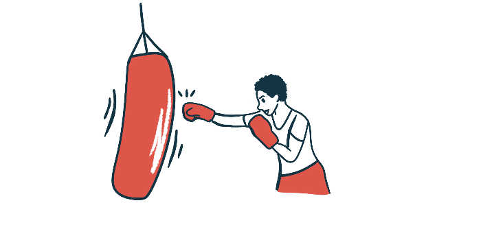 Illustration of a person boxing and hitting a punching bag, representing sports activity.