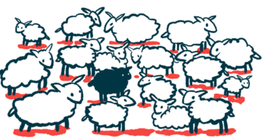 An illustration of sheep in a circle, with one black sheep in the middle.