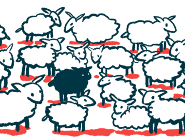 An illustration of sheep in a circle, with one black sheep in the middle.