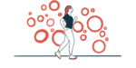 A woman walks for exercise, with red circles of varying sizes in the background.