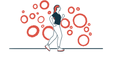 A woman walks for exercise, with red circles of varying sizes in the background.