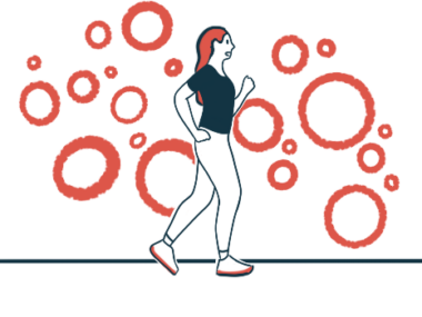 A woman walks for exercise, with red circles of varying sizes in the background.