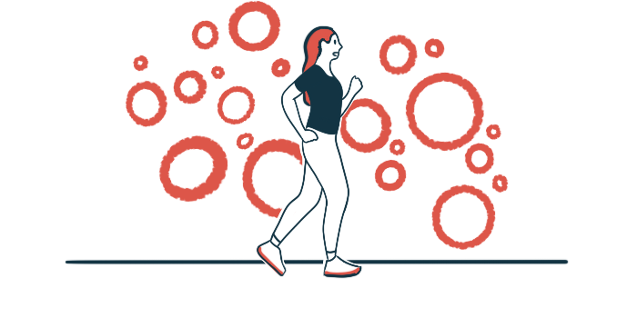 A woman walks for exercise, with red circles of varying sizes in the background.