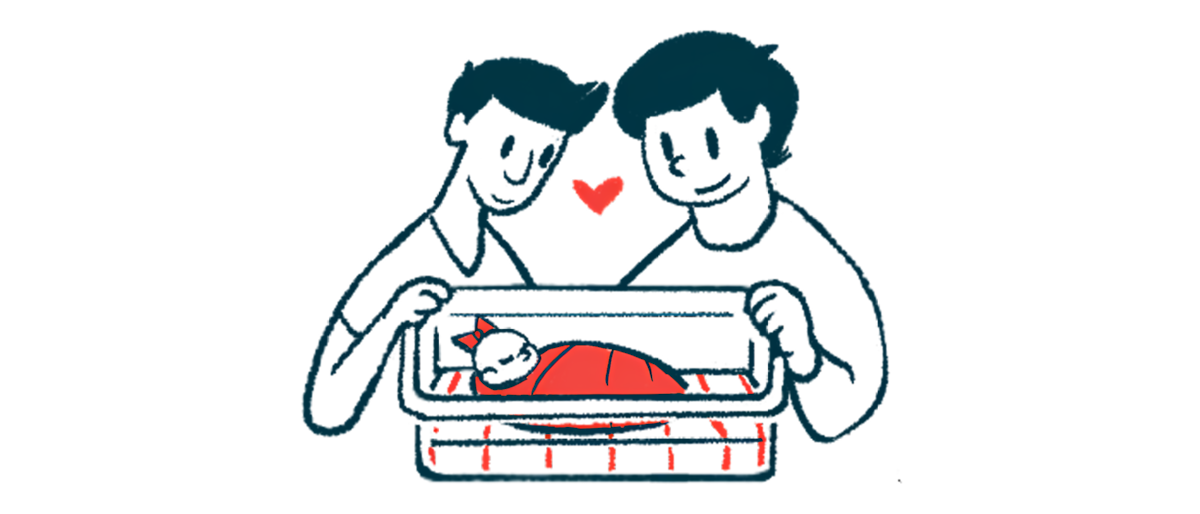 Two adults with their heads together look at a newborn in a hospital bassinet.