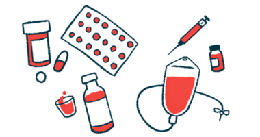 Illustration of hemophilia treatments, including medication bottles, pills, a syringe, and an IV blood bag.