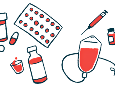 Illustration of hemophilia treatments, including medication bottles, pills, a syringe, and an IV blood bag.