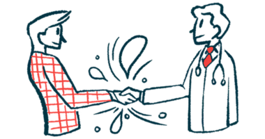 Illustration of a patient shaking hands with a doctor, with stylized blood drops around their hands.