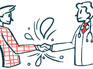 Illustration of a patient shaking hands with a doctor, with stylized blood drops around their hands.