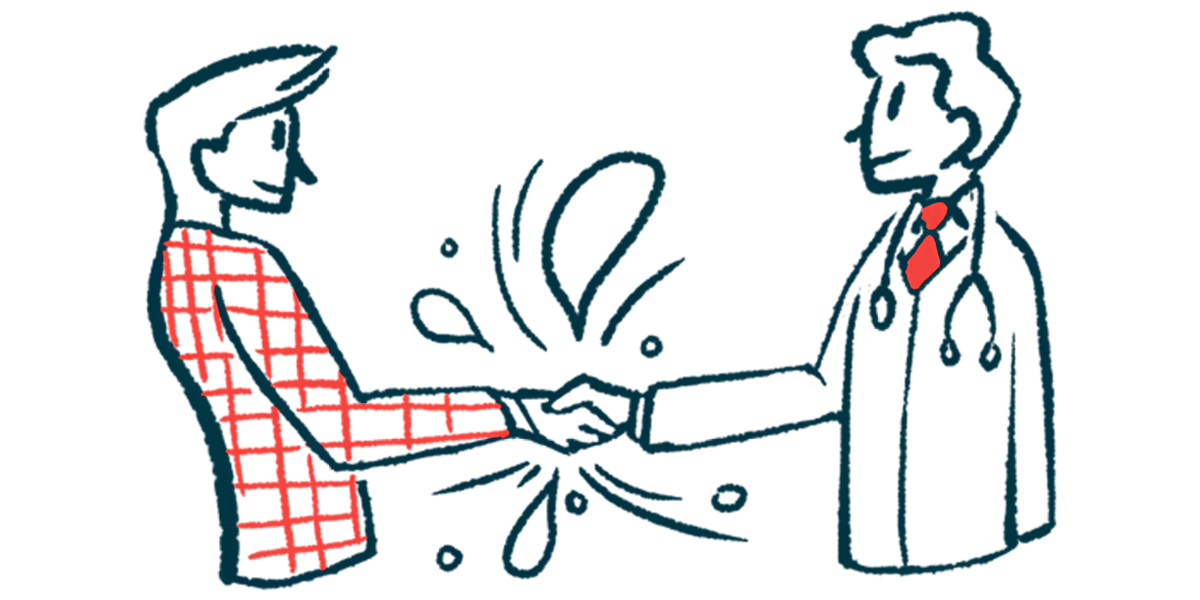Illustration of a patient shaking hands with a doctor, with stylized blood drops around their hands.