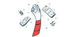 A hand holding a coin is surrounded by bills and dollar signs.