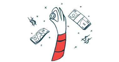 A hand holding a coin is surrounded by bills and dollar signs.