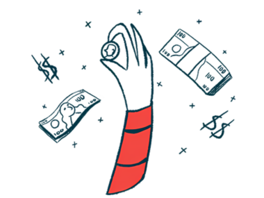 A hand holding a coin is surrounded by bills and dollar signs.